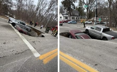 Kırmızı ışıkta beklerken yol çöktü, araçlar çukurun içine girdi! Her şey saniyeler içinde yaşandı