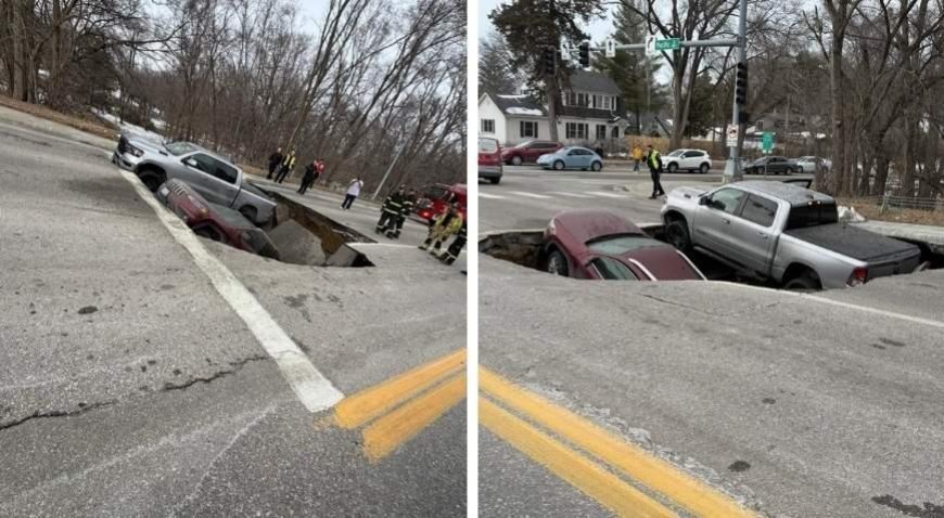 Kırmızı ışıkta beklerken yol çöktü, araçlar çukurun içine girdi! Her şey saniyeler içinde yaşandı