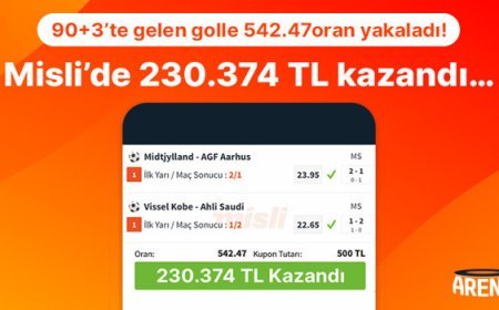 90+3’te gelen golle 542.47 oran yakaladı! Misli’de 230.374 TL kazandı…