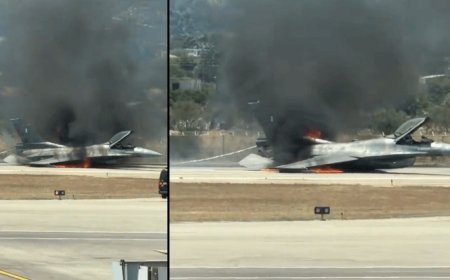 Acil iniş yapan Yunan F-16C uçağı alev topuna döndü