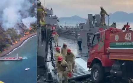 Marmaris'te orman yangını. Arazözleri çıkarma gemileri taşıdı