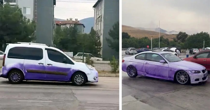 TIR yola boya dökmüştü: Araçların mora boyadığı anlar