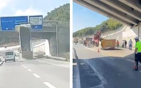 Çekmeköy'de hafriyat kamyonu üst geçide çarptı! Dorse yola devrildi