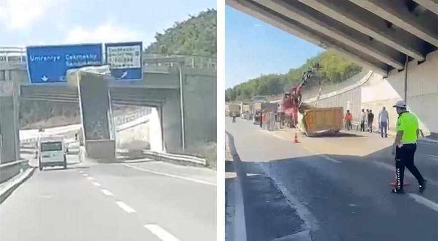 Çekmeköy'de hafriyat kamyonu üst geçide çarptı! Dorse yola devrildi